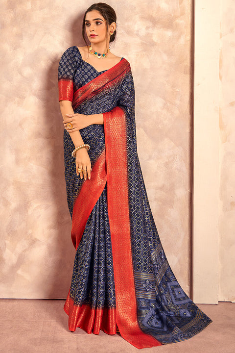 VastraLakshmi Nectarous Navy Blue Foil Printed Dola Silk Saree With Eclat Blouse Piece