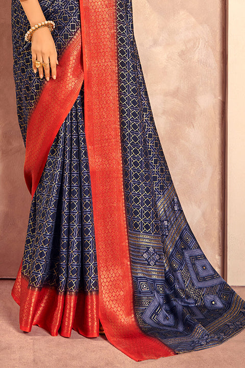 VastraLakshmi Nectarous Navy Blue Foil Printed Dola Silk Saree With Eclat Blouse Piece