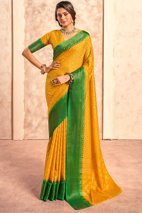 VastraLakshmi Ephemeral Yellow Foil Printed Dola Silk Saree With Inimitable Blouse Piece