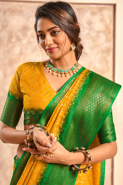 VastraLakshmi Ephemeral Yellow Foil Printed Dola Silk Saree With Inimitable Blouse Piece