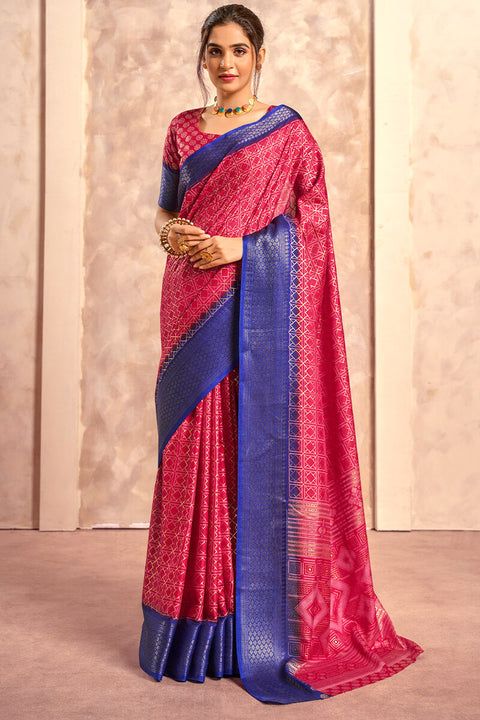 VastraLakshmi Ravishing Dark Pink Foil Printed Dola Silk Saree With Luminous Blouse Piece