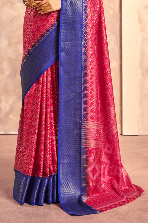 VastraLakshmi Ravishing Dark Pink Foil Printed Dola Silk Saree With Luminous Blouse Piece