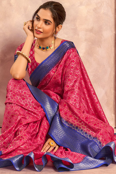 VastraLakshmi Ravishing Dark Pink Foil Printed Dola Silk Saree With Luminous Blouse Piece