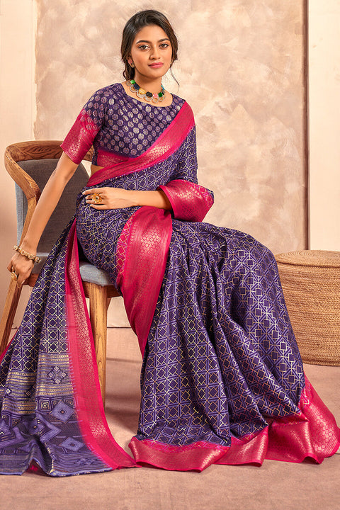 VastraLakshmi Posh Blue Foil Printed Dola Silk Saree With Resonant Blouse Piece