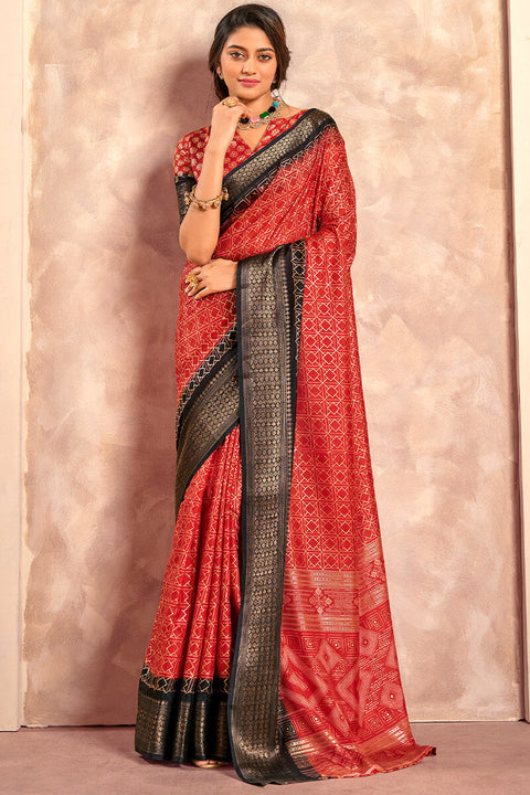 VastraLakshmi Exemplary Red Foil Printed Dola Silk Saree With Panache Blouse Piece