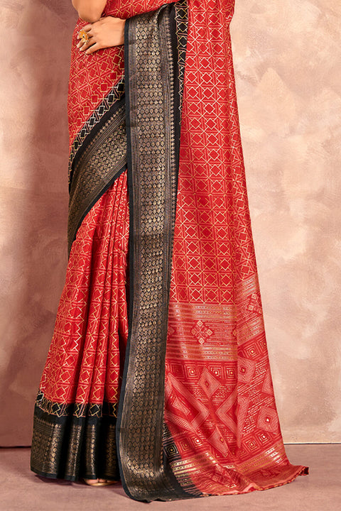 VastraLakshmi Exemplary Red Foil Printed Dola Silk Saree With Panache Blouse Piece