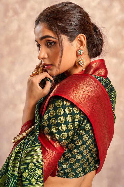 VastraLakshmi Enigmatic Dark Green Foil Printed Dola Silk Saree With Incomparable Blouse Piece