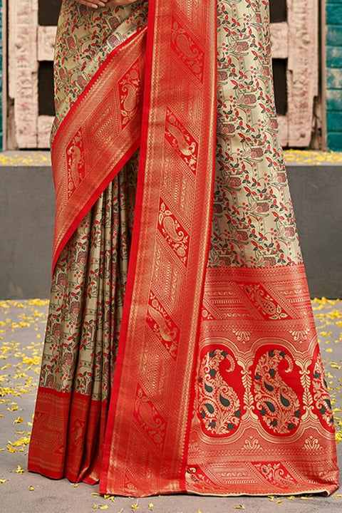 VastraLakshmi Inimitable Beige and Red Kanjivaram Silk Saree With Luminous Blouse Piece