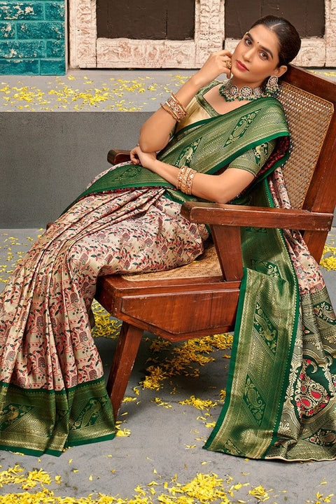 VastraLakshmi Eclat Beige and Green Kanjivaram Silk Saree With Jubilant Blouse Piece