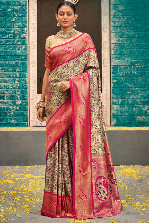 VastraLakshmi Whimsical Beige and Dark Pink Kanjivaram Silk Saree With Vibrant Blouse Piece