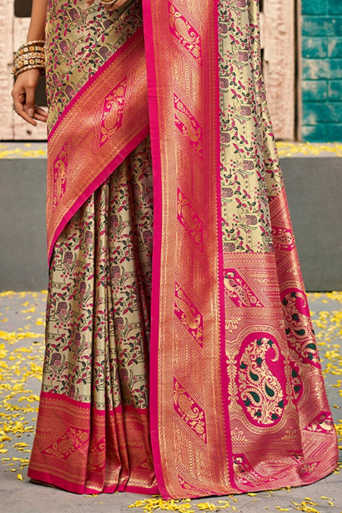 VastraLakshmi Whimsical Beige and Dark Pink Kanjivaram Silk Saree With Vibrant Blouse Piece