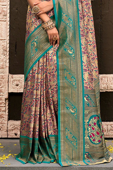 VastraLakshmi Jubilant Beige and Rama Kanjivaram Silk Saree With Resplendent Blouse Piece