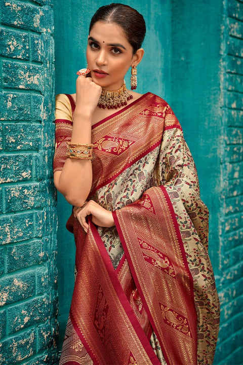 VastraLakshmi Imaginative Beige and Wine Kanjivaram Silk Saree With Unequalled Blouse Piece