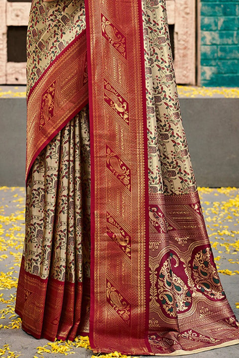 VastraLakshmi Imaginative Beige and Wine Kanjivaram Silk Saree With Unequalled Blouse Piece