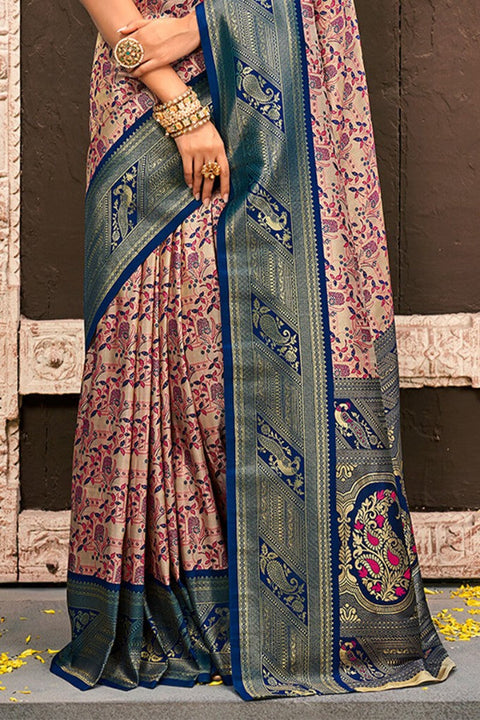 VastraLakshmi Enchanting Beige And Navy Blue Kanjivaram Silk Saree With Improbable Blouse Piece