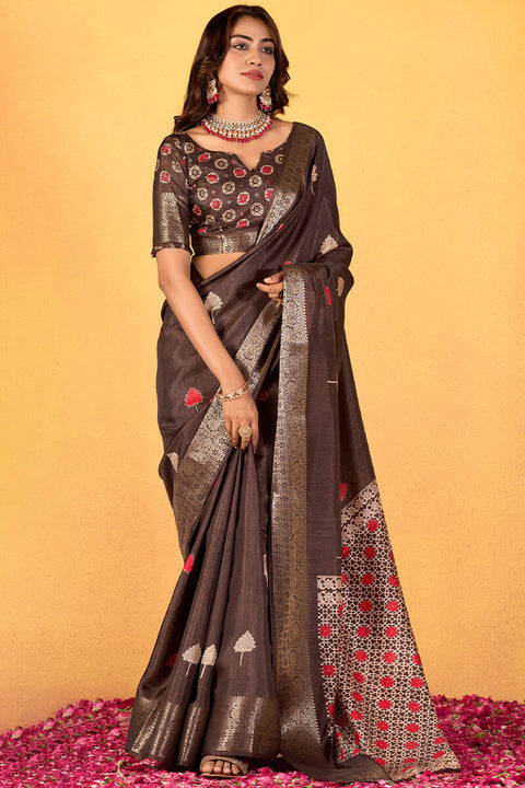 VastraLakshmi Dissemble Brown Foil Printed Dola Silk Saree With Lassitude Blouse Piece