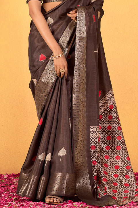 VastraLakshmi Dissemble Brown Foil Printed Dola Silk Saree With Lassitude Blouse Piece