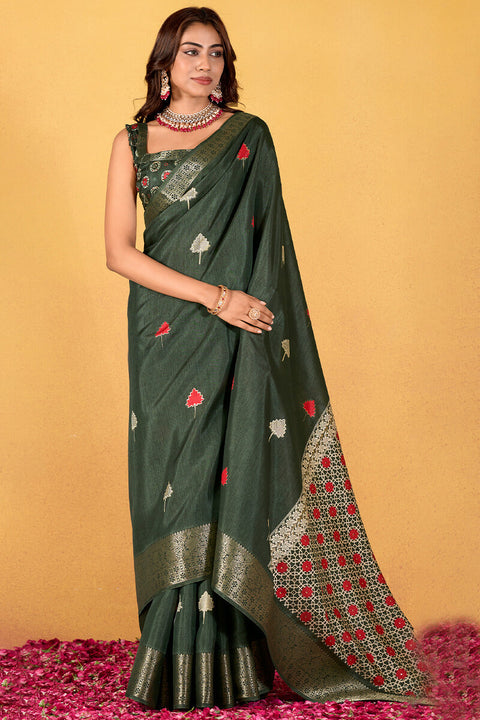 VastraLakshmi Imbrication Dark Green Foil Printed Dola Silk Saree With Susurrous Blouse Piece