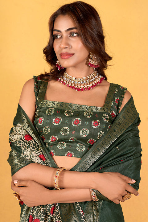 VastraLakshmi Imbrication Dark Green Foil Printed Dola Silk Saree With Susurrous Blouse Piece