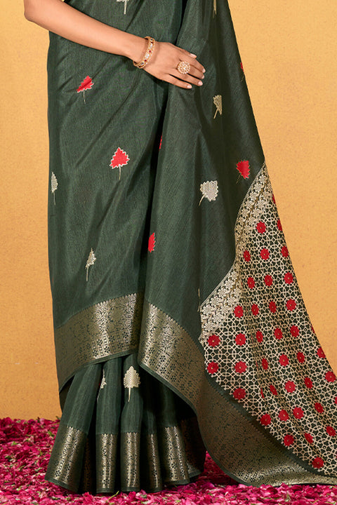 VastraLakshmi Imbrication Dark Green Foil Printed Dola Silk Saree With Susurrous Blouse Piece