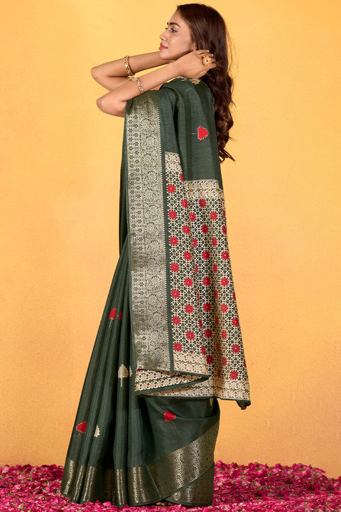 VastraLakshmi Imbrication Dark Green Foil Printed Dola Silk Saree With Susurrous Blouse Piece