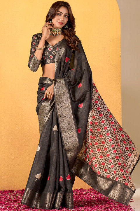 VastraLakshmi Denouement Black Foil Printed Dola Silk Saree With Snazzy Blouse Piece