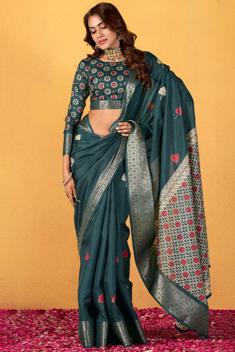 VastraLakshmi Snappy Rama Foil Printed Dola Silk Saree With Transcendent Blouse Piece