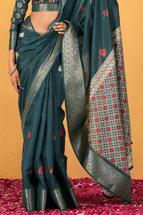 VastraLakshmi Snappy Rama Foil Printed Dola Silk Saree With Transcendent Blouse Piece