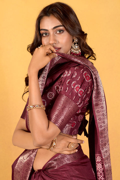 VastraLakshmi Elaborate Wine Foil Printed Dola Silk Saree With Unequalled Blouse Piece