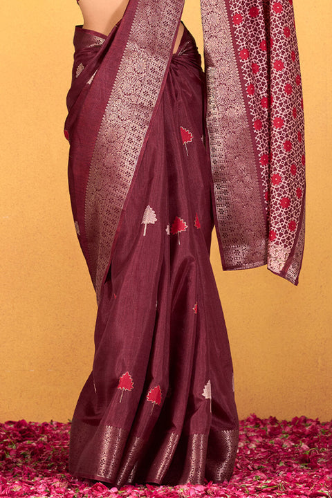 VastraLakshmi Elaborate Wine Foil Printed Dola Silk Saree With Unequalled Blouse Piece