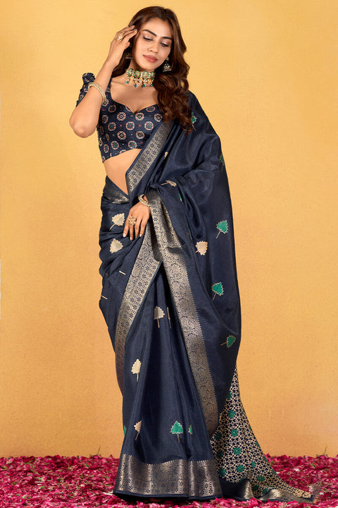 VastraLakshmi Confounding Navy Blue Foil Printed Dola Silk Saree With Ratatouille Blouse Piece