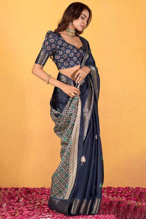 VastraLakshmi Confounding Navy Blue Foil Printed Dola Silk Saree With Ratatouille Blouse Piece