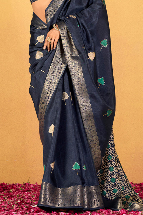 VastraLakshmi Confounding Navy Blue Foil Printed Dola Silk Saree With Ratatouille Blouse Piece