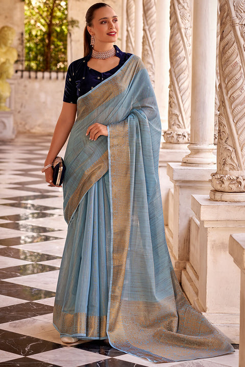 VastraLakshmi Alluring Sky Cotton Silk Saree With Phenomenal Blouse Piece