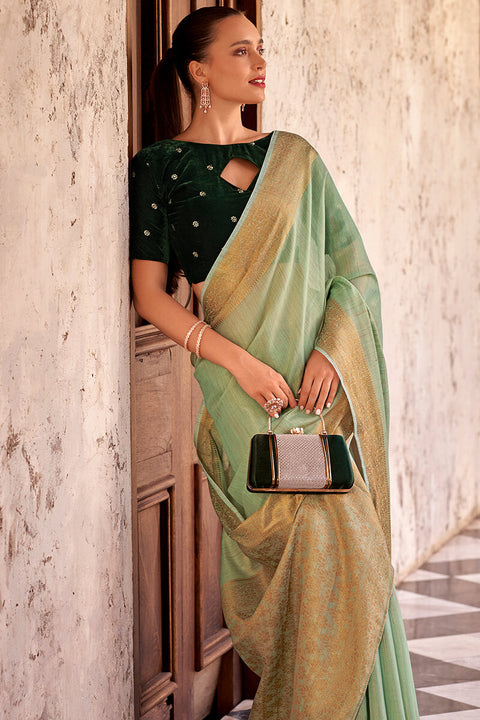 VastraLakshmi Flamboyant Pista Cotton Silk Saree With Glorious Blouse Piece