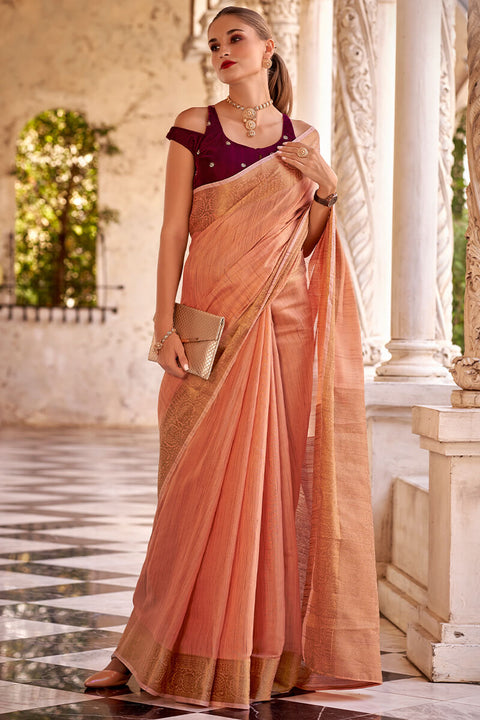 VastraLakshmi Vestigial Peach Cotton Silk Saree With Staggering Blouse Piece