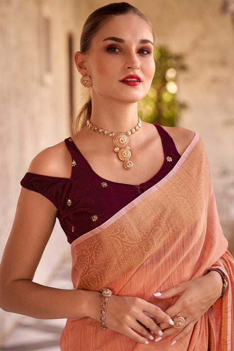 VastraLakshmi Vestigial Peach Cotton Silk Saree With Staggering Blouse Piece