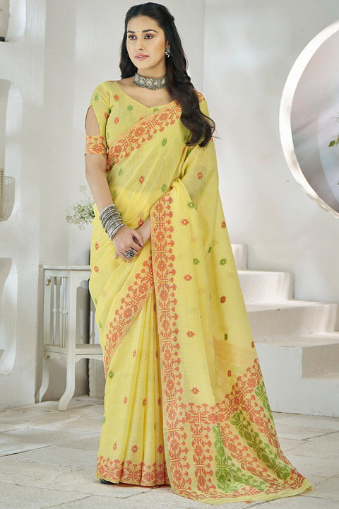 VastraLakshmi Flamboyant Yellow Cotton Silk Saree With Surpassing Blouse Piece