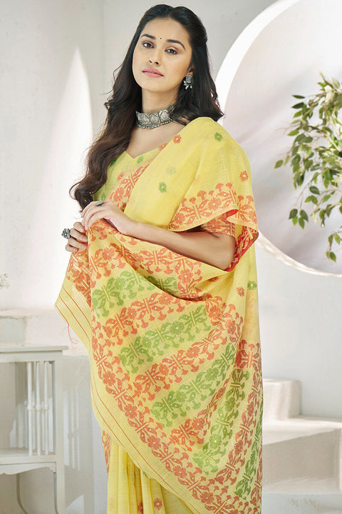 VastraLakshmi Flamboyant Yellow Cotton Silk Saree With Surpassing Blouse Piece