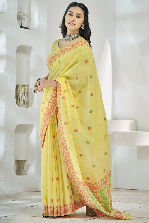 VastraLakshmi Flamboyant Yellow Cotton Silk Saree With Surpassing Blouse Piece