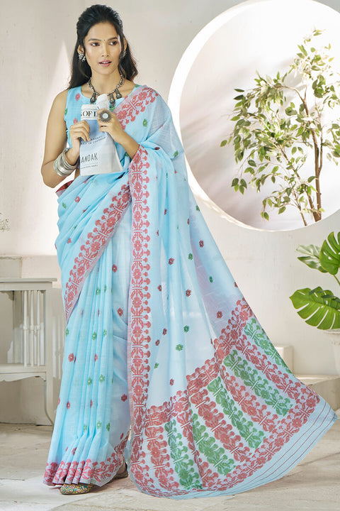 VastraLakshmi Wonderful Sky Cotton Silk Saree With Amazing Blouse Piece