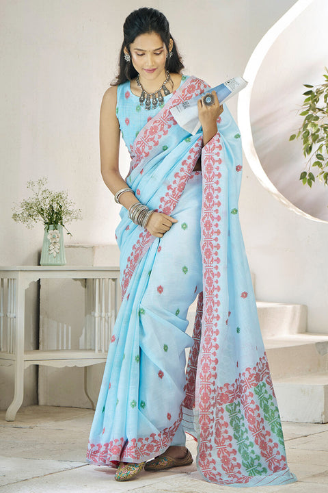 VastraLakshmi Wonderful Sky Cotton Silk Saree With Amazing Blouse Piece