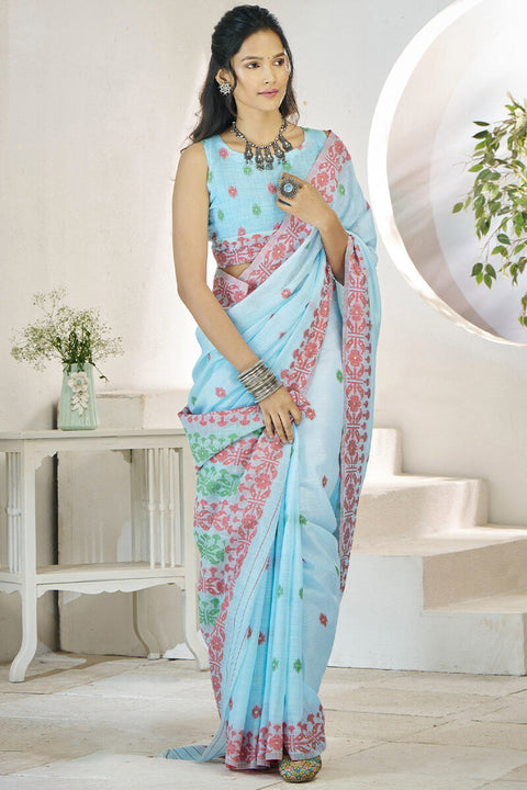 VastraLakshmi Wonderful Sky Cotton Silk Saree With Amazing Blouse Piece