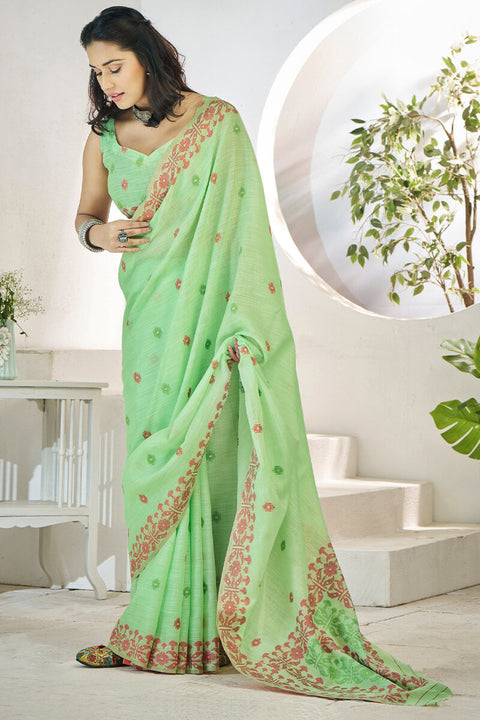 VastraLakshmi Invaluable Pista Cotton Silk Saree With Hypnotic Blouse Piece