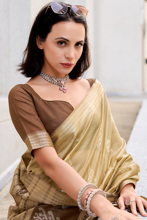 VastraLakshmi Quintessential Beige Soft Banarasi Silk Saree With Serendipity Blouse Piece