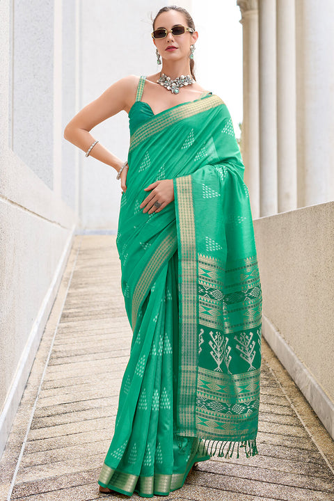 VastraLakshmi Exquisite Sea Green Soft Banarasi Silk Saree With Pulsating Blouse Piece