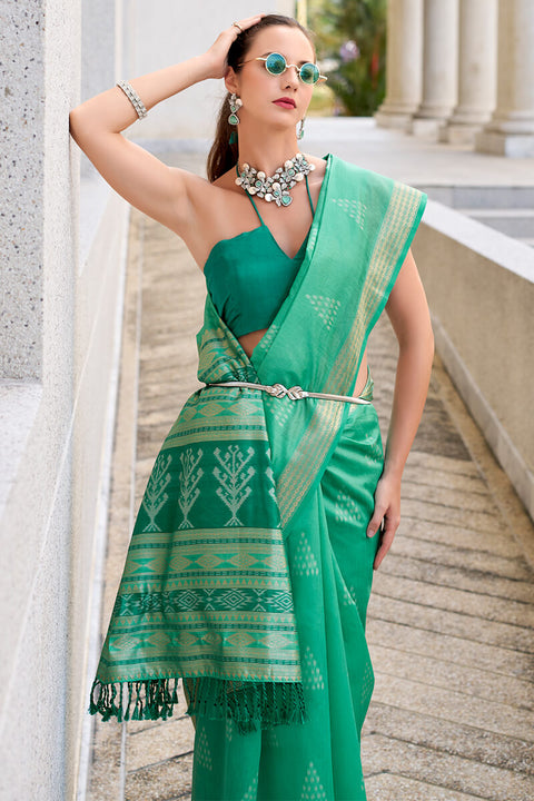 VastraLakshmi Exquisite Sea Green Soft Banarasi Silk Saree With Pulsating Blouse Piece