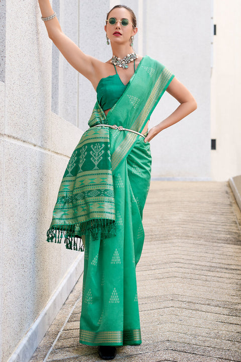 VastraLakshmi Exquisite Sea Green Soft Banarasi Silk Saree With Pulsating Blouse Piece