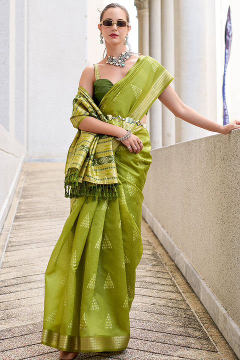 VastraLakshmi Verdant Green Soft Banarasi Silk Saree With Eclat Blouse Piece