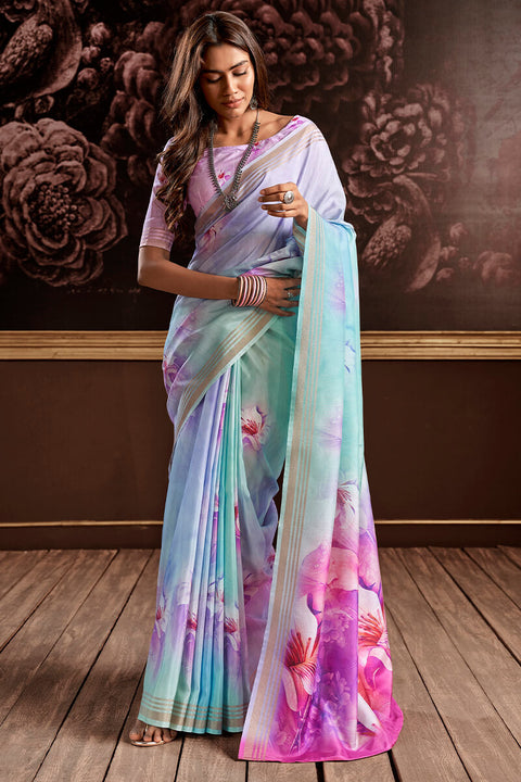 VastraLakshmi Petrichor Sky Digital Printed Soft Silk Saree With Snazzy Blouse Piece